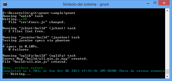 Salida de consola al ejecutar grunt watch